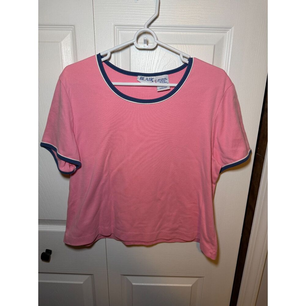 Blair Women’s Large Pink Blue Trim Short Sleeve Cotton Blend Top 1808